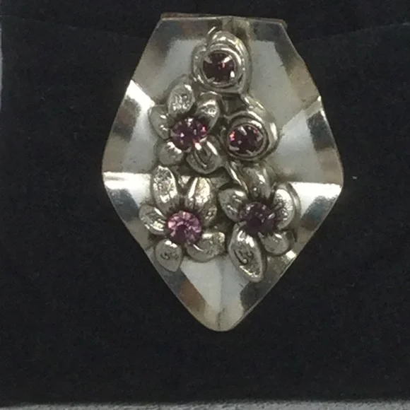 Vintage Art Deco Dress Clip Silver Tone Floral Purple Rhinestones 1930s Jewelry - Picture 3 of 9